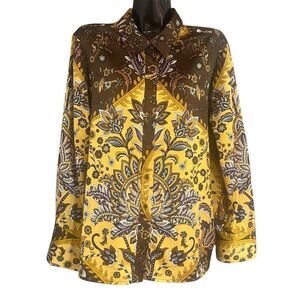 Rachel Zoe Floral Bohemian 70’s Button Up Retro Mustard & Brown Long Sleeve Flor